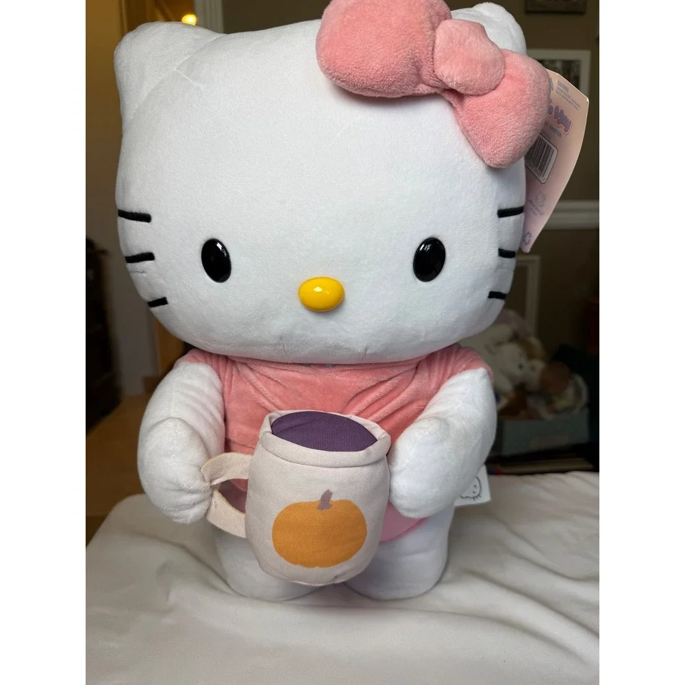 Hello Kitty Harvest Greeter Plush Pink Pumpkin Mug 16 Inch Gemmy Sanrio NEW